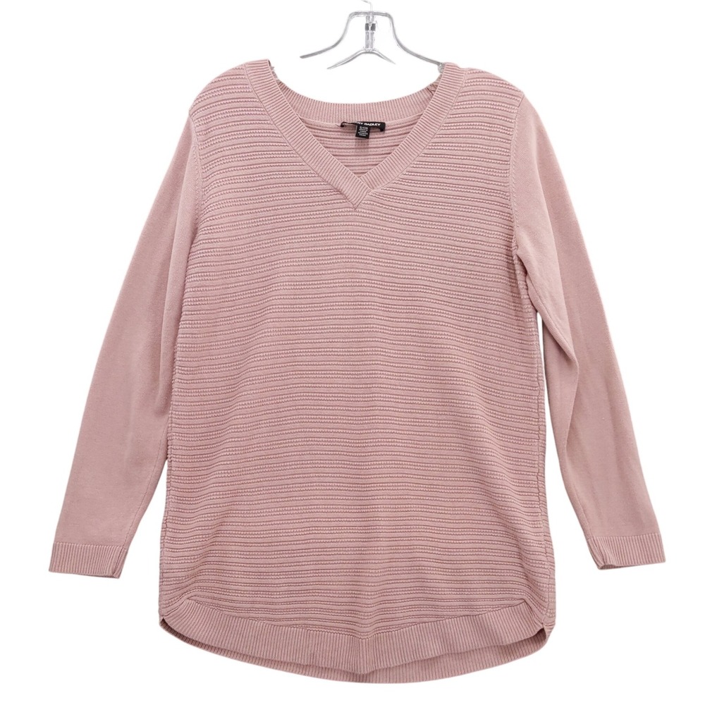 Hilary Radley V-Neck Knit Sweater Ribbed Long Sleeve Pullover Pink‎ Size S